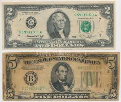 Amerikai Egyesült Államok 1934A 5$ "Abraham Lincoln" zöld pecséttel "Federal Reserve Note" + 1976. 2$ "Thomas Jefferson" zöld pecséttel "Federal Reserve Note" T:III fo. USA 1934A 5 Dollars "Abraham Lincoln" with green seal "Federal Reserve Note" + 1976. 2 Dollars "Thomas Jefferson" with green seal "Federal Reserve Note" C:F spots