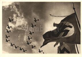Die Fahnen wehen Sieg!, Rudolf Schaeffer / German Nazi Party NSDAP propaganda, flag with swastika and military aircrafts (EK)