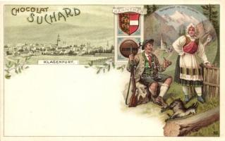 Klagenfurt, Heiligenblut mit Grossglockner, Kärnthen / coat of arms, Chocolat Suchard advertisement, hunter, folklore, litho
