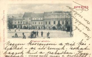 Eperjes, Presov; Főutca, takarékpénztár, Tauth Viktor üzlete, kiadja Kósch Árpád / man street, savings bank, shop (EB)