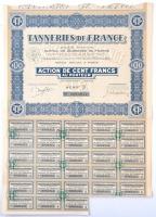 Franciaország / Párizs ~1928. Párizsi Cserzőműhelyek részvény 100Fr-ról, szelvényekkel T:II France / Paris ~1928. Tanneries of Paris share about 100 Francs with coupons C:XF