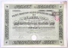 Budapest 1928. "Pesti Magyar Kereskedelmi Bank" 5 részvénye egyben, egyenként 50P-ről, szárazpecséttel, bélyegzéssel, szelvényekkel T:III tűlyukak