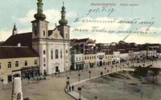 Marosvásárhely, Targu Mures; Főtér, templom, Oláh István és János és Lukáts János üzlete, gyógyszertár / main square, church, shops, pharmacy