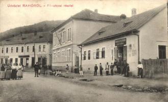 Rahó, Rakhiv; Fő utca, népiskola, Feig Bernát, Rákóczy üzletei / main street, school, shops