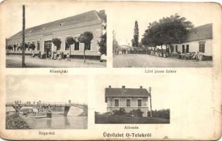 Ótelek, Otelec; Vasútállomás, Löbl János üzlete, községháza, Béga-híd, kiadja A. Weiser / railway station, shop, town hall, bridge (fl)