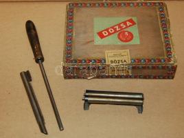 1940-es évek vége, "Dózsa" szivarosdoboz + 3db-os fém cigarettatöltő készlet