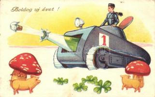 Boldog új évet! / New Year greeting postcard, tank, pigs, clover, chimney sweeper (EB)