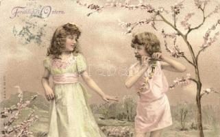 'Fröhliche Ostern' / Easter greeting postcard, children, A. & M. B. No. 577. litho