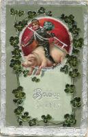 Boldog Új évet! / New Year greeting postcard, pig, chimney sweeper, clovers, silver decorated, litho (kis szakadás / small tear)