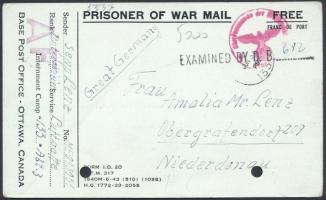 1944 Hadifogoly posta Kanadából Németországba, cenzúra bélyegzéssel, lyukasztva, 9x15cm
