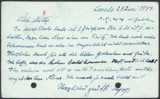 1944 Hadifogoly posta Kanadából Németországba, cenzúra bélyegzéssel, lyukasztva, 9x15cm