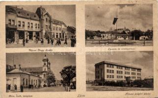 Léva, Levice; Városi Nagyszálló, Lyceum, országzászló, Állami polgári iskola / hotel, lyceum, flag, school