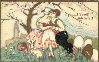 Húsvéti üdvözlet / Easter greeting, romantic couple, Italian Art Deco postcard, Ballerini & Fratini No. 311., golden decorated