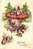 Boldog új évet! / New Year greeting, dwarves, mushroom, litho (b)