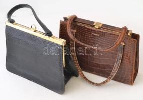 2 db dekoratív női kígyóbőr táska, barna és fekete színben, a barna kopottasabb állapotban, 26x22x10 cm