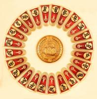 1980 XXII. Moszkvai Nyári Olimpiajátékok emlék zománc kitűzők (24 db), a sportágakat jelképző medve figurákkal, valamint egy nagy fém kitűző, karton lapon, karton dobozban, doboz: 26x26 cm., nagy fém kitűző: d: 7 cm., zománc kitűzők: 5.5 cm./ 1980 XXII. Moscow Summer Olimpics Games memorial enamelling pins (24 pc.), with sporting bear figures, and a big metal one, in carton, in carton box, box: 26x26 cm., big pin: d: 7 cm., enamelling pins: 5.5 cm.