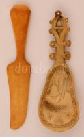 Csont kés és szarvasos motívummal díszített kanál, h: 14 és 13 cm.