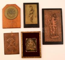 5 db bronz falikép, több közülük fa keretben, 18x14 cm és 27x15 cm között