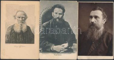 3 db RÉGI orosz írót ábrázoló képeslap, vegyes minőségben; Lev Tolstoy, Vladimir Korolenko / 3 pre-1945 Russian motive postcards, mixed quality; writers