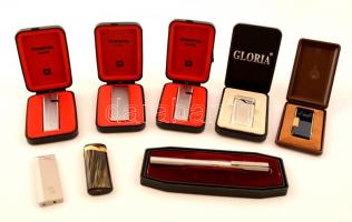 Öngyújtók (főként Rowenta), eredeti dobozukban, 7 db + 1 db Pax töltőtoll