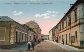 Bártfafürdő, Bardejovské Kúpele, Bardiov; Stefánik utca, J. Berger üzlete / street, shop