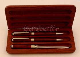 Írószer készlet: toll, töltőceruza, papírvágó kés, tokban, jó állapotban
