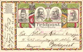 Első világháborús tábori posta képeslap, a központi hatalmak uralkodóival; V. Mehmed, II. Vilmos, I. Ferenc József, I. Ferdinánd / WWI military filed post postcard, Central Powers propaganda, Mehmed V, Wilhelm II, Franz Joseph, Ferdinand I of Bulgaria (EK)