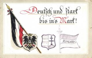 Deutsch und stark bis ins Mark! / German flag and coat of arms, drawn Hungarian flag and coat of arms, litho (b)