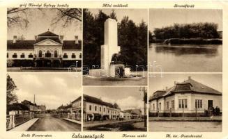 Zalaszentgrót, Hősi emlékmű, Deák Ferenc utca, Korona szálló, Posta, Gróf Károlyi György kastélya (ázott sarok / wet corner)