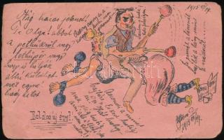 1915 Humoros, kézzel festett tábori postai levelezőlap Bekic Gruppenkommandójából / hand-painted Hungarian WWI Feldpost card