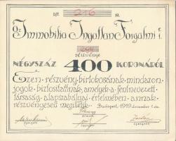 Budapest 1919. "Az Immobilia Ingatlan Forgalmi Részvénytársaság" részvénye 400K-ról szelvényekkel (2x) sorszámkövetők T:I-