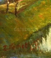 Zalai Németh József (1905-?): Folyó menzi házak. Olaj, vászon, foltos, 34×54 cm