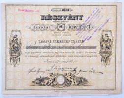 Tamási 1897. "A Tamási Takarékpénztár" részvénye 100K-ról szárazpecséttel, felülbélyegzéssel, szelvényekkel, a 30039. számú tétel sorszámkövető párja T:II-