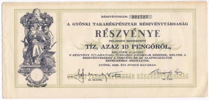 Gyönk 1926. "A Gyönki Takarékpénztár Részvénytársaság" részvénye 10P-ről, szelvényekkel T:II,II- fo.