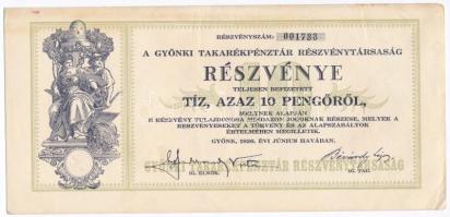 Gyönk 1926. "A Gyönki Takarékpénztár Részvénytársaság" részvénye 10P-ről, szelvényekkel T:II,II- fo.