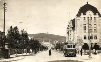 1928 Pécs, Főpályaudvari villamos, csendőr, háttérben a székesegyház, photo (EB)