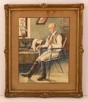 Haáz Ferenc Rezső (1883-1958): Pipázó nagypapa. akvarell, papír, jelzett, üvegezett keretben, 47×36