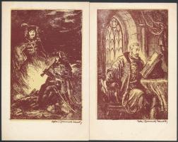 4 db RÉGI megíratlan motívumos rézkarc képeslap, Vydai Brenner Nándor szignóval / 4 pre-1945 unused ...