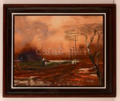 Csikós András (1947-2006): Ártéri séta. Olaj, farost, jelzett, keretben, 40×50 cm