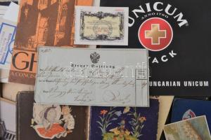 Nagy vegyes papír hagyaték tétel, benne nyomtatványok, művészeti, okmányok, vegyesen