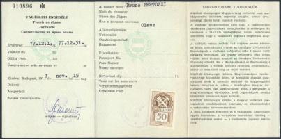 1977 Vadászati engedély külföldi állampolgárok részére. /  Hunting licence for Italian hunter