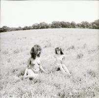 1986 Pucér lányok kint a réten, finoman erotikus felvételek, 13 db vintage negatív, 6x6 cm