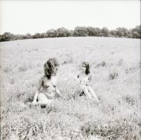 1986 Pucér lányok kint a réten, finoman erotikus felvételek, 13 db vintage negatív, 6x6 cm