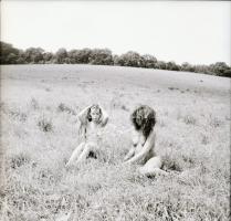 1986 Pucér lányok kint a réten, finoman erotikus felvételek, 13 db vintage negatív, 6x6 cm