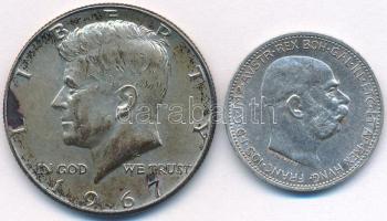 Vegyes: Amerikai Egyesült Államok 1967. 1/2$ Ag "Kennedy"  + Ausztria 1915. 1K Ag "I. Ferenc József" T:2 patina  Mixed: USA 1967. 1/2 Ag "Kennedy" + Austria 1915. 1 Corona "Franz Joseph I" C:XF patina