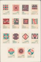 180 db gyufacímke és 8 db nagy szovjet gyufacímke 11 db kartonlapra ragasztva (Népművészet, virágok,...