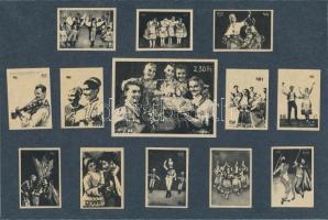 173 db gyufacímke és 4 db nagy magyar gyufacímke 11 db kartonlapra ragasztva (Kisdobos, néptánc, Sze...