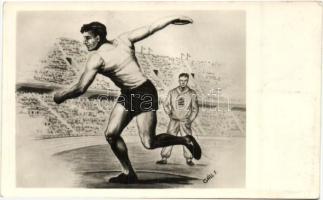 1953 augusztus 20. A Népstadion megnyitása, diszkoszvető, a Képzőművészeti Alap kiadása / Opening of the People's Stadium, discus thrower, s: Gáll. F.