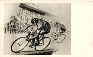 1953 augusztus 20. A Népstadion megnyitása, kerékpárosok, Képzőművészeti Alap kiadása / people's stadium Budapest opening, cyclists, s: Gáll. F. (fa)
