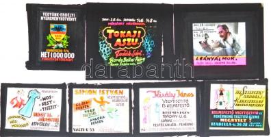 cca 1943 Fekete György (1904-1990) budapesti fényképész reklámgrafikái különféle szolgáltatásokról, termékekről, ezekről készített mozikban vetíthető üveglemez diapozitív képeket, az eladásra kínált tétel 13 db 7x6 cm és 9x8 cm-es méretű üveglemez diapozitív reklámot tartalmaz